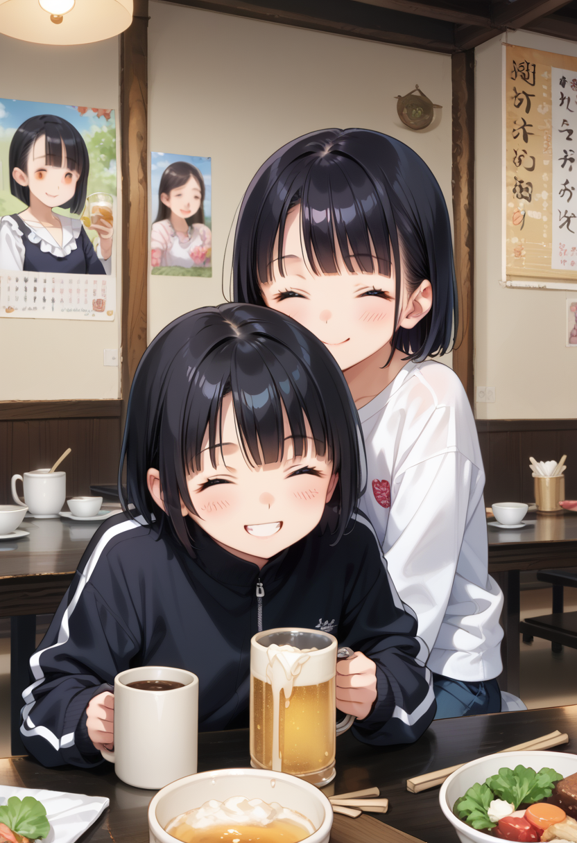 score_9, score_8_up, score_7_up, rating_safe, masterpiece, best quality, absurdres, unity 8k wallpaper, official art, official style, source_anime, game cg, megami magazine,
murayakuba, izakaya, black hair, multiple girls, shirt, cup, holding, beer mug, black shirt, chopsticks, bowl, closed eyes, indoors, table, food, short hair, sitting, smile, white shirt, jacket, long sleeves, poster (object)
 <lora:murayakuba_pony_V1:1>