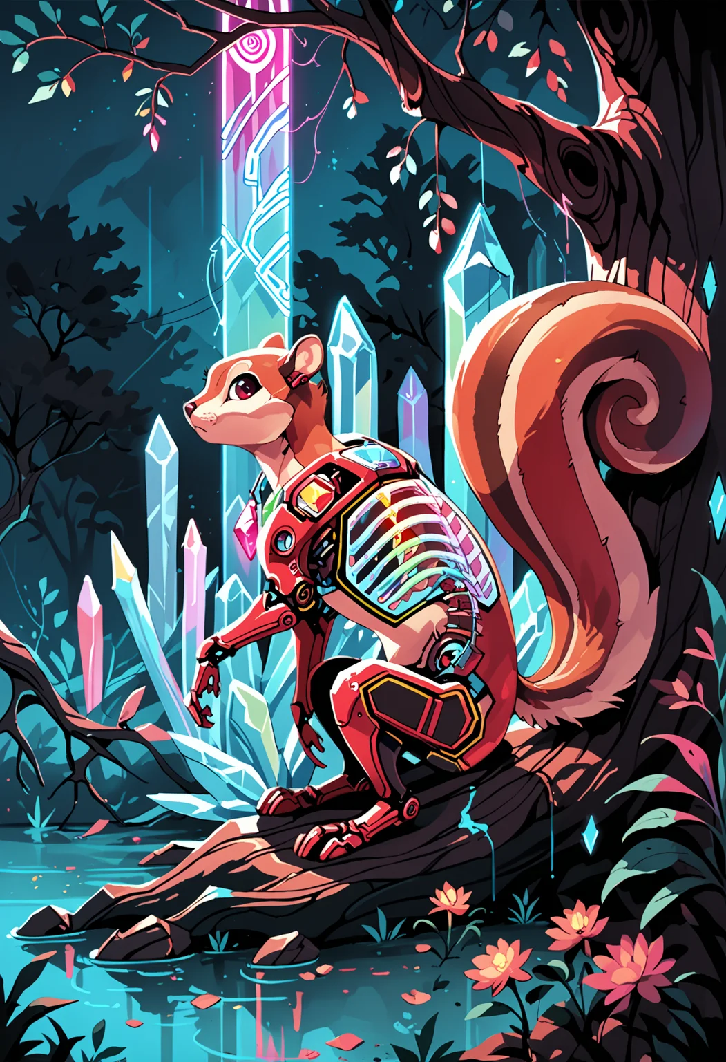 s33thru, transparent, rainbow neon, mechanical android ((squirrel)), solo, animal focus, sitting in crystal tree, crystal gem, neon colors, feral, score_9, score_8, score_7, score_6, score_5, closeup, mechanical parts, bones