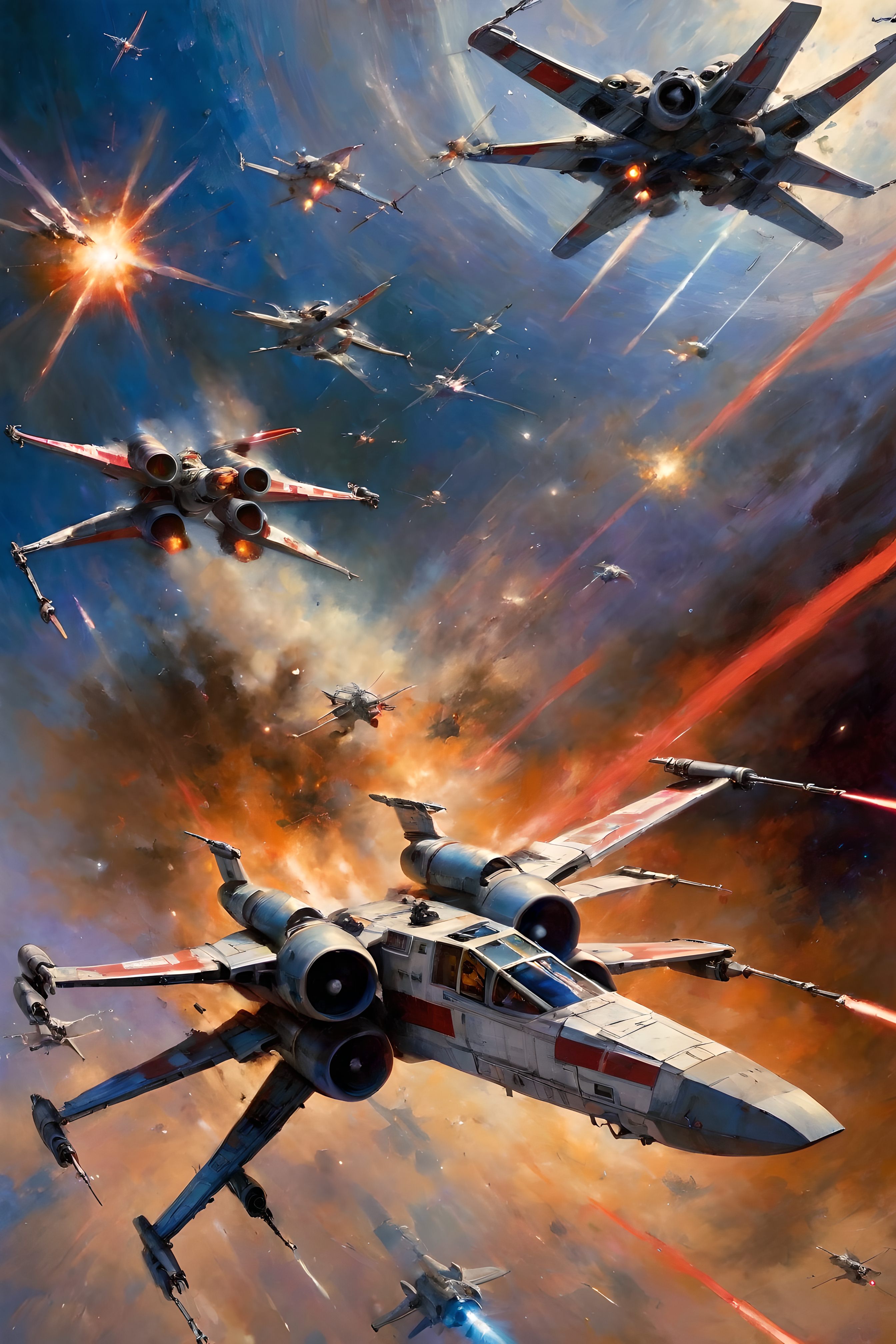 art by john berkey, a masterpiece, stunning detail, a rebellion X-Wing flying through the galaxy, firing red laser missiles, being chased by the empires tie-fighters, 