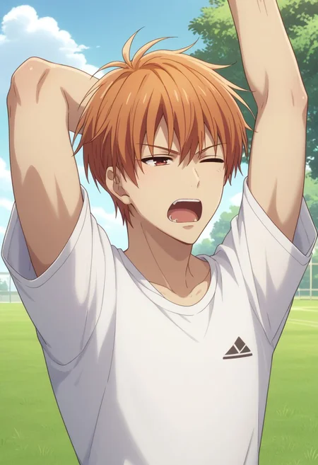 score_9, score_8_up, score_7_up, source_anime, highly detailed, 1boy, solo, male_focus, half body,
kyo_sohma, 1boy, male focus, orange hair, brown eyes, sportwear, white shirt, stretching, yawning, one eye closed, sleepy,
outdoor, grass, trees, sky, cloud,