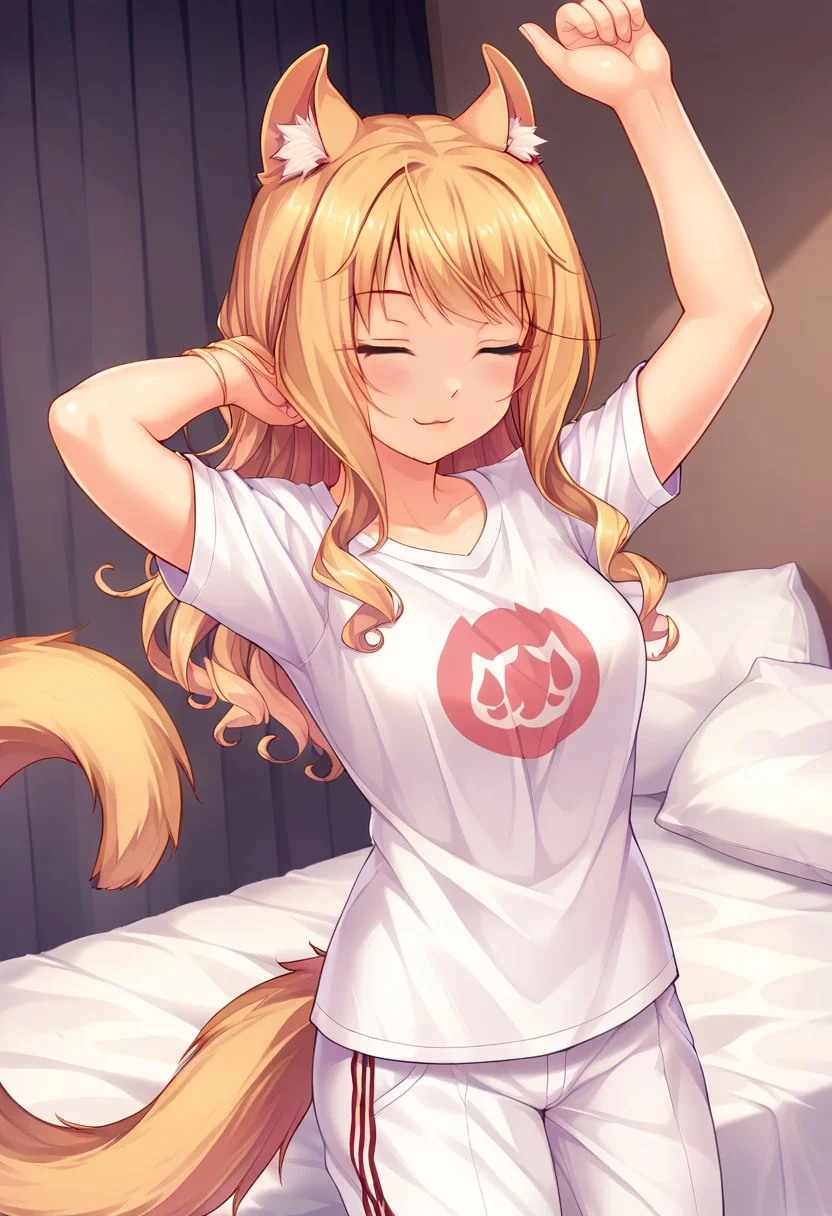 score_9, score_8_up, score_7_up, score_6_up, score_5_up, score_4_up, detailed eyes, detailed skin, source_anime, source_anime, BREAK, Maple, looking_at_viewer, solo, medium_breasts, cat_ears, animal_ear_fluff, cat_tail, <lora:Maple_V1(SDXL)_2:0.8> <lora:hand 4:1>, Hand, detailed, perfect, perfection, hands, BREAK, tshirt, white tshirt, oversized tshirt, pajama pants, BREAK, bed, bed room, BREAK, cammystretch, stretching, joy, happy, eyes closed,