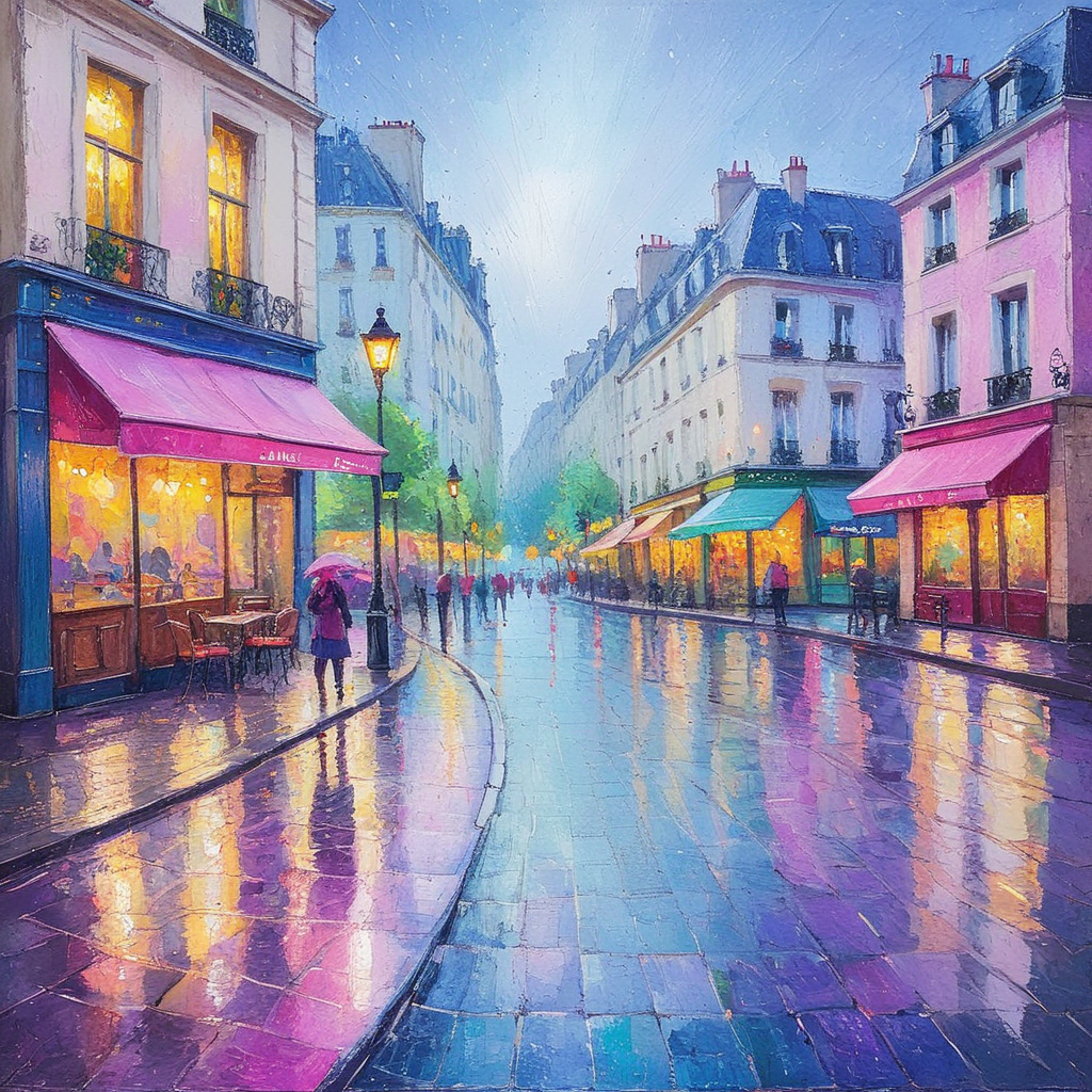 ArsMJStyle, Oil Pastels ,<lora:Oil_Pastels:1>, <lora:add-detail-xl:1.2>  Impressionist-style Parisian street scene, rain-slicked cobblestones reflecting colorful cafe lights, loose gestural figures, smudged edges suggesting movement, warm and cool color interplay