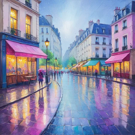ArsMJStyle, Oil Pastels ,<lora:Oil_Pastels:1>, <lora:add-detail-xl:1.2> Impressionist-style Parisian street scene, rain-slicked cobblestones reflecting colorful cafe lights, loose gestural figures, smudged edges suggesting movement, warm and cool color interplay