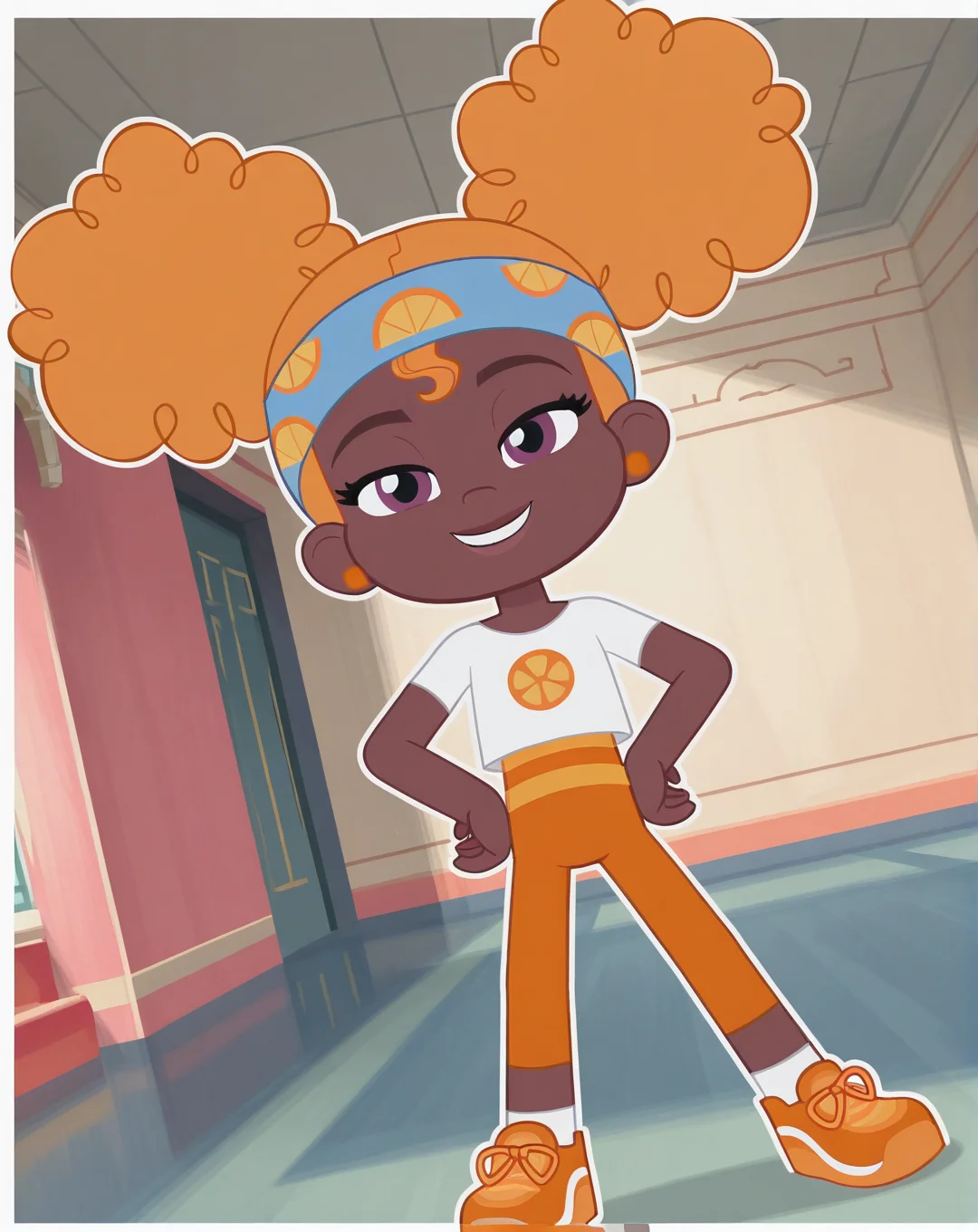 Orange_Blossom, 1girl, solo, dark brown skin, ginger curly hair, afro puffs, double buns hair, violet eyes, orange studded earrings, sky-blue headband, white t-shirt, darker orange leggings, orange tennis shoes, short socks, (smile, dutch angle, Hands on hips,naughty pose, looking at viewer, indoors, elegant room, solo, dynamic pose, full_body, head tilt,),((white background, White frame, white outline))