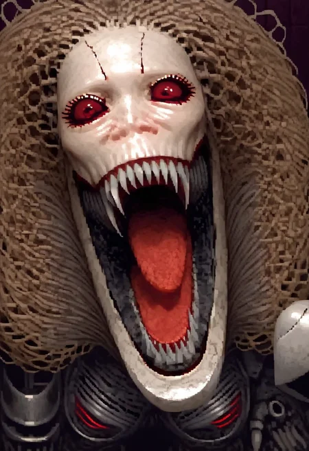 Expressive, score_9, score_8_up, masterpiece, 1 woman, solo, machine woman, horror, long sharp metal claws, stepford wife, beautiful woman, machine skin, jagged teeth, exaggerated smile, dark room, flickering light, detailed background