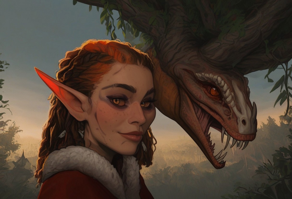 safe_pos, feminine, bosmer woman, fit body, bone masks, carved masks, painted masks, random face, colorful skin, pale red skin, strong jawline, angular facial features, asymmetrical features, wide nose, fur mantle, rough leather clothes, female, archer's physique, joking demeanor, slightly pointed ears, pinned back ears, long face, very short ears, curved ears, scalloped ears, short ears, firbolg nose, uncanny features, snake nose, reptilian nose, realistic, long face, bosmer, alien, elongated head, flat nasal ridge, elongated skull, bony nose, slit nostrils, aquiline features, medium body hair, dunmer, creature, bony dermal ridges, rough complexion, body tattoos, native american tattoos, medium breasts, natural breasts, shapely figure, chiseled features, athletic build, weathered skin, large nose, animated realism, zoomed out, Inuit features, sage colored skin, pale skin, copper and jade clothes, dark orange sclera, saurian pupils, horizontal pupils, cuttlefish eyes, narrow eyes, dark red pupils, very slanted eyes, squinted eyes, double lidded eyes, eye membrane, slanted brows, bony brows, highly detailed, defined features, looking at viewer, from side, full body, zoomed out, dynamic lighting, 29 years old, light and shadows, jovial expression, expressive eyes, smiling, laughing, Native American pattern leather clothes, medium hair, elegant hairstyle, tribal hair, wavy hair, thick hair, braided hair, wild cut hair, semirealistic, alien elf, mongolian features, slavic features, aztec features, vibrant hair, colorful hair, sharp features, high detail, absurdres, intense eyes, detailed eyes, dark orange eyes, paleolithic clothes, Crowded village, dense redwood forest, intricate fur tents, bone furniture, masterpiece, Vilontrebramb, tree, outdoors, scenery, tree houses, elegant architecture