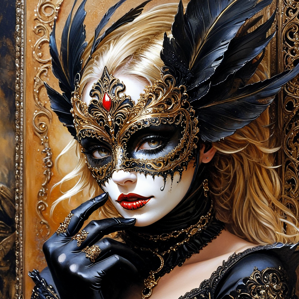 <lora:Ethereal_Gothic_RenaissanceSDXL:1> ArsMJStyle, Etherial Gothic, The image shows a woman wearing a black and gold mask and gloves with a painting of a woman in the background. Her face is painted with intricate details and her eyes are closed giving her a peaceful and serene expression., 1girl, solo, jewelry, blonde hair, ring, red lips, lipstick, makeup, portrait, lips