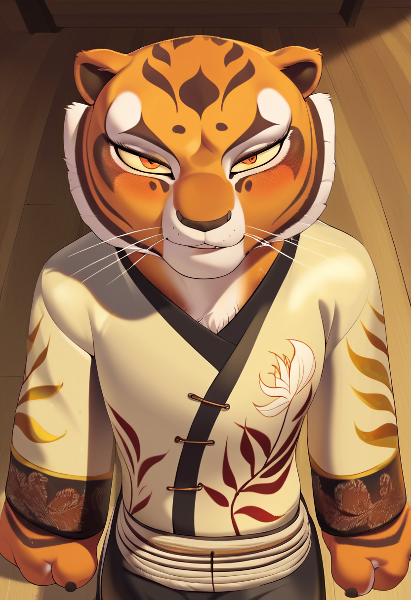 zPDXL, score_9_up, score_8_up,_7_up, score_6_up, score_5_up, score_4_up ,source_furry, best quality, amazing quality, masterpiece, 1girl, looking at viewer, solo,  blush, seductive smile, sexy pose, indoors, dojo, chinese architecture, master tigress, tiger stripes, amber eyes, tigress, tiger tail, animal ears, chinese gold hanfu, leather pants, bandages, black sandals,  <lora:MasterTigress:0.8>,  cervina7, <lora:Cervina7:1>,   close, face focus, upper body