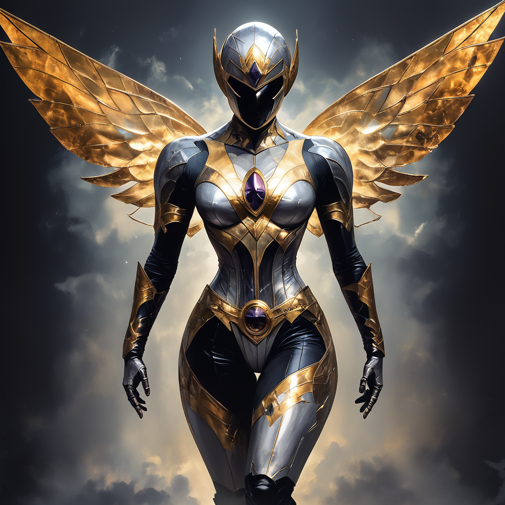 Art Deco-inspired superhero, costume incorporating geometric patterns and metallic elements. Backdrop of stylized city skyline, dynamic pose emphasizing strong silhouette. Ray gun with chrome finish, helmet with wings motif. Comic book cover layout with bold typography, color scheme of gold, silver, and deep jewel tones. core_9, score_8_up, score_7_up,  <lora:Art_DecoPony:1> ArsMJStyle, Art Deco
