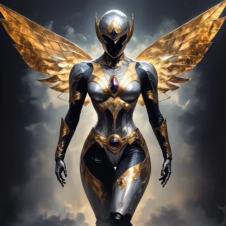 Art Deco-inspired superhero, costume incorporating geometric patterns and metallic elements. Backdrop of stylized city skyline, dynamic pose emphasizing strong silhouette. Ray gun with chrome finish, helmet with wings motif. Comic book cover layout with bold typography, color scheme of gold, silver, and deep jewel tones. core_9, score_8_up, score_7_up, <lora:Art_DecoPony:1> ArsMJStyle, Art Deco