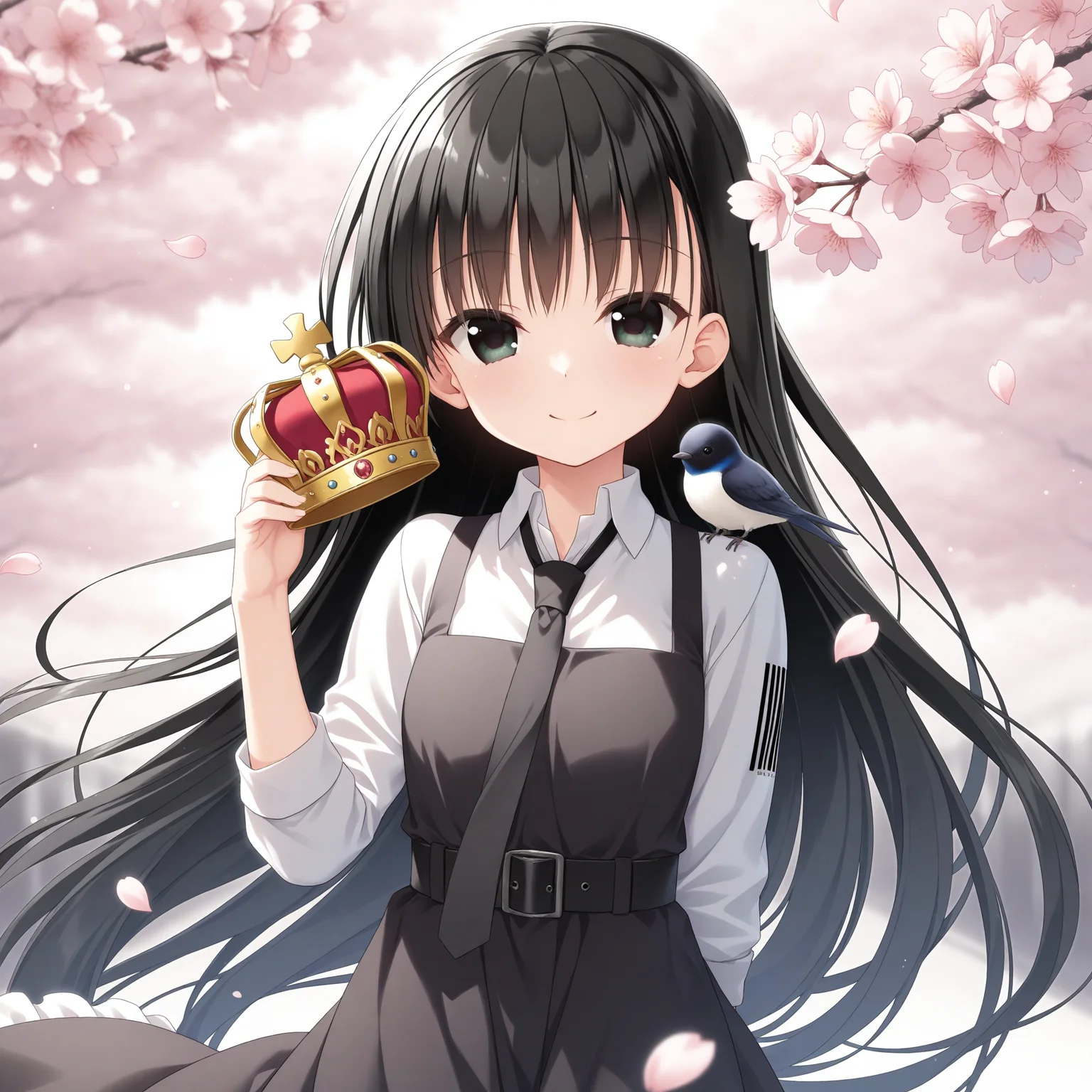 <lora:Natsume_Ai_1_nai-000040:1>,Natsume Ai,
regular dress,white shirt,black necktie,sleeveless dress,frilled dress,pinafore dress,black dress,sleeveless,collared shirt,belt,frills,long sleeves,sleeves rolled up,long skirt,frilled skirt,black skirt,
1girl,solo,smile,cherry blossoms,falling petals,front view,looking at viewer,depth of field,bust,upper_body,swallow \(bird\),bird on shoulder,arm behind back,holding crown,mini crown,