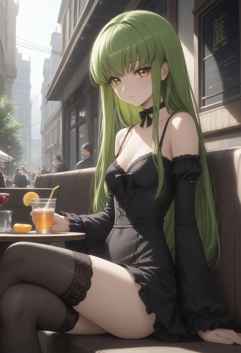 score_9, score_8_up, score_7_up, score_6_up, dynamic, (anime, masterpiece), best quality, (8k), detailed background, 1girl, adult, small breasts,
cute nose, black eye shadow, normal breasts, natural breasts, beautiful butt, close up, super detailed, super high quality, hyper detailed background, sexy, embedding:zPDXLxxx, crossed legs, street view, sits in a cafe in italy in the street, cinematic lighting, sharp focus, intricate, ambient lighting, Expressiveh, zPDXLxxx, zPDXL3, bralette,
green hair, long hair, yellow eyes,bangs, choker, black dress, black bow, thighhighs,