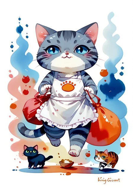 score_7_up, score_8_up, score_9, (full body:1.15), cat, animal kitten, chibi animal cat, Kus1cat, Chibi Art Style, furr,
cute cat, game character, very cute, chef, watercolor style, watercolor,
(gray striped cat with an apron running with a sack of flour:1.21),
(cute kitchen detailed background:1.23), HQ,