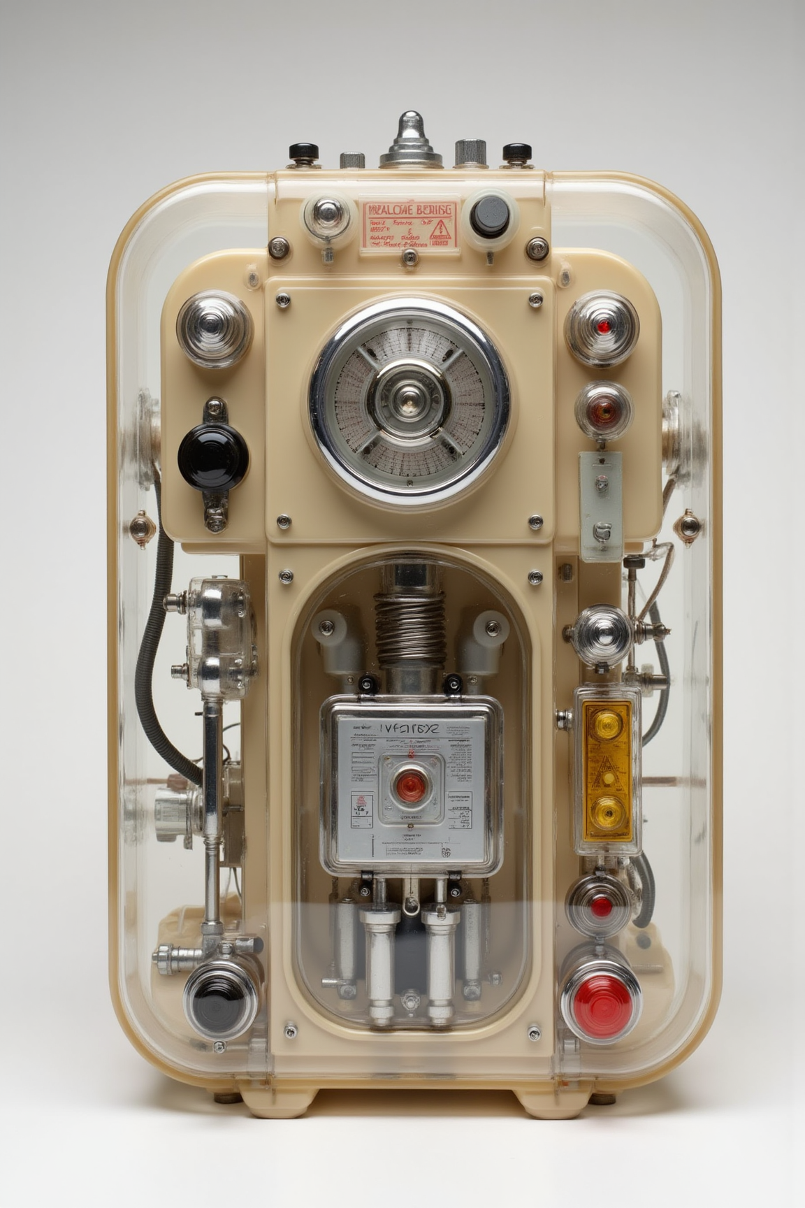 Acrylic, Translucent style, Packshot of a very strange machine, it is a mixture between a grinder, a sausage machine, a medical device, a retro music station and a robot. most of the parts are in beige painted metal, some a chrome. some retro switches, some part of Bakelite, some old warning lamps.