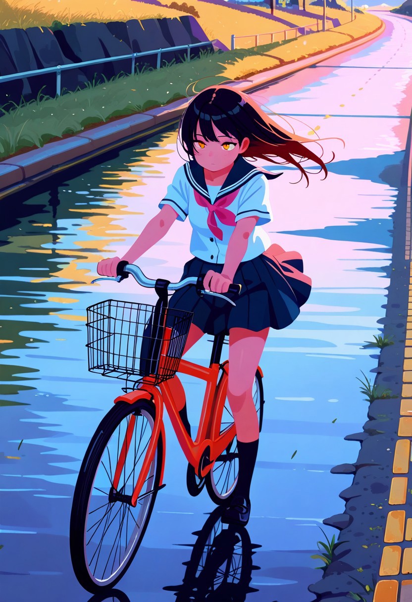 1girl, riding a bicycle, unpaved road, river side, schoolgirl, wind, no lineart, sensitive, masterpiece, best quality, amazing quality