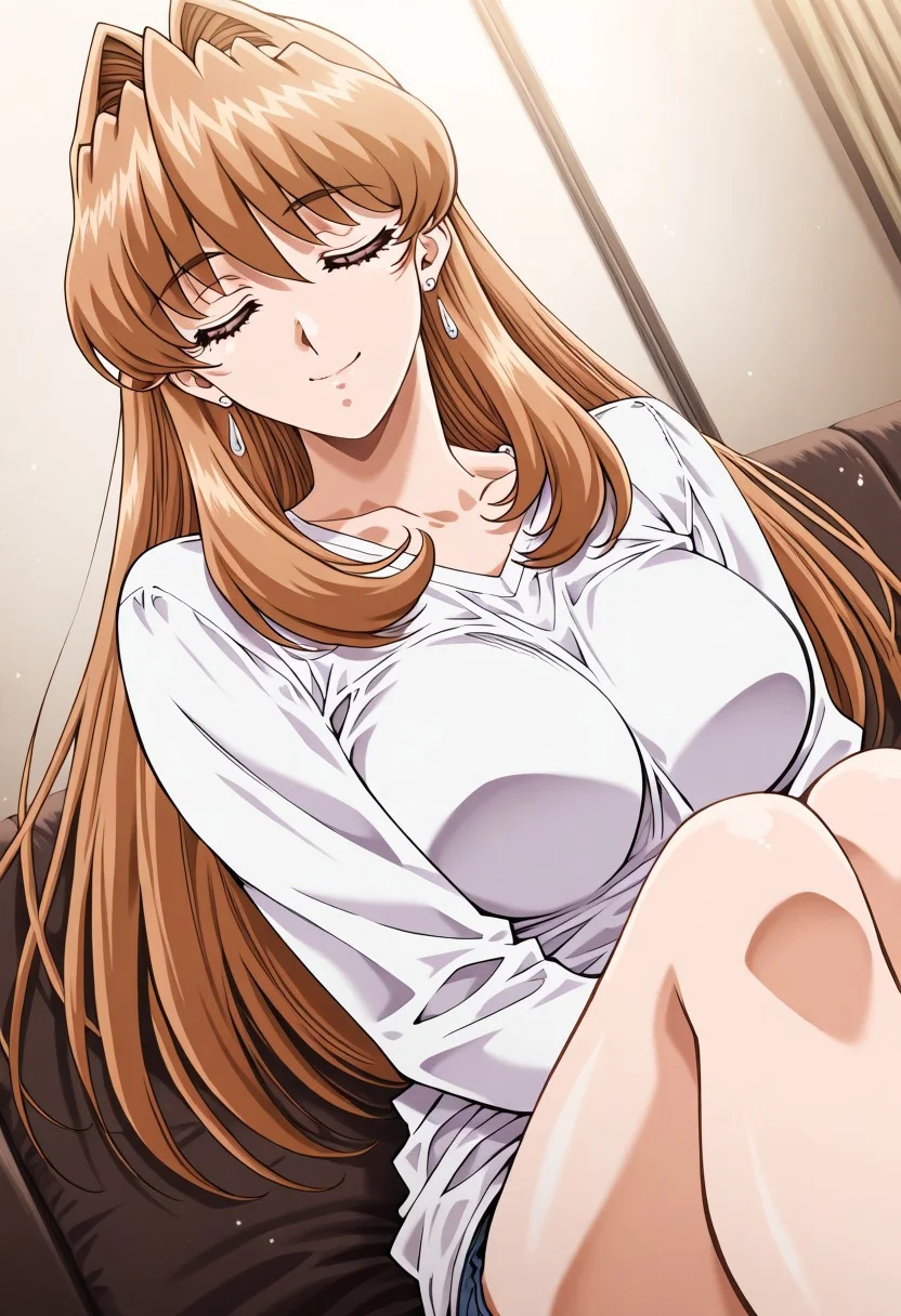 masterpiece, best quality, newest, highres, uncensored, 1girl, yokota mamoru style,motion lines,1girl,Sendou Nana,light Brown Hair, Long hair,Brown Eyes,Earrings, sendou nana, light brown hair, long hair, brown eyes, 1girl, closed eyes, solo, long hair, smile, sitting, brown hair, dutch angle, long sleeves