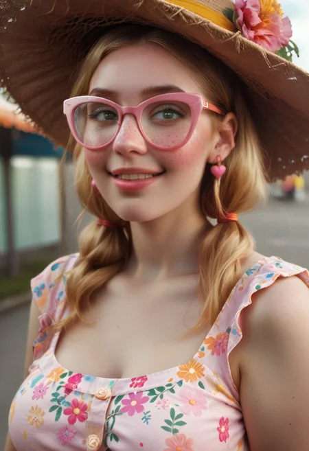 score_9, score_8_up, score_7_up, BREAK, IBG, colorful urban park, blooming flowers, bright sunlight, pastel balloons, quaint gazebo, BREAK, rating_explicit, NSTLG, c4t3y3 glasses, glasses, 1girl, 20 year old cheerful woman, social media influencer, partially illuminated, unique pose, unique angle, large breasts, ash blonde hair in pigtails, lively green eyes, fair skin, curvy and pudgy build, freckles across her nose, heart-shaped face, chubby cheeks, full lips, pink tinted lips, teeth, playful smile, laugh lines, floral sundress, straw hat with ribbon, quirky earrings, oiled, shiny body, photorealistic