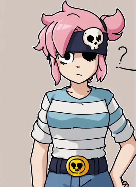 bspenny ,1girl , pink hair , short hair, black eye , bandana, one eye covered , skull ,hairband , striped shirt, belt, looking at viewer ,confused, <lora:bspenny:0.9> <lora:Yagi_the_Goat_Style:1>by s1120411