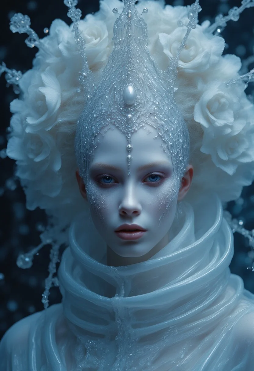 Cinematic Style, High Quality, Beauty, Realism, Chiaroscuro, Photorealism, Film Still, (Masterpiece), By Eric Lacombe By Patrice Murciano Frostpunk Fashion Photography, white glacial blue, minimalism, smoked eye shadow, illuminated white bulging biomorphic dot pattern, glacial landscape, glacial flowers, bokeh snowflakes, volumetric particle dust, powdered paint pigment, vivid color, misty aether houte - couture rococo glacial clothing, holga medium format camera, etherial lighting, backlighting, in the style of, professional ominous concept art, by artgerm and greg rutkowski, an intricate, elegant, highly detailed digital painting, concept art, smooth, sharp focus, illustration, in the style of simon stalenhag, wayne barlowe, and igor kieryluk.