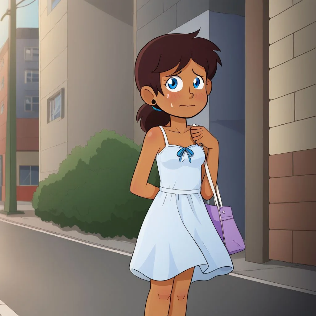 solo, 1girl,
, dark skin, brown hair, blue eyes
sundress, shy,
street,