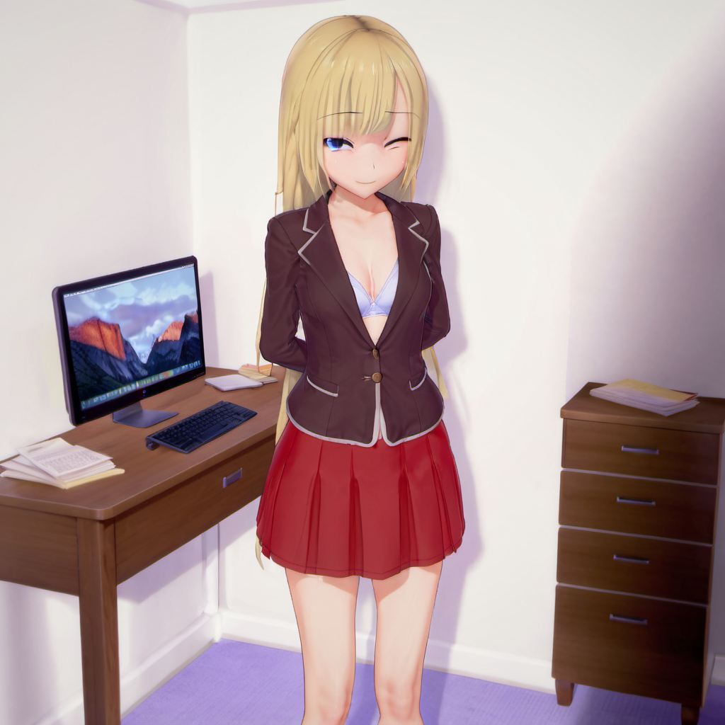 Ayane Amamiya, red skirt, , blazer, bra, closed mouth, skirt, blond hair, blue eyes, upper body, simple background, computer, spaghetti strap, toes, standing, barefoot, bedroom, smile, bare shoulders, desk, white bra, closed eyes, very long hair,   <lora:Ayane_Amamiya:1>