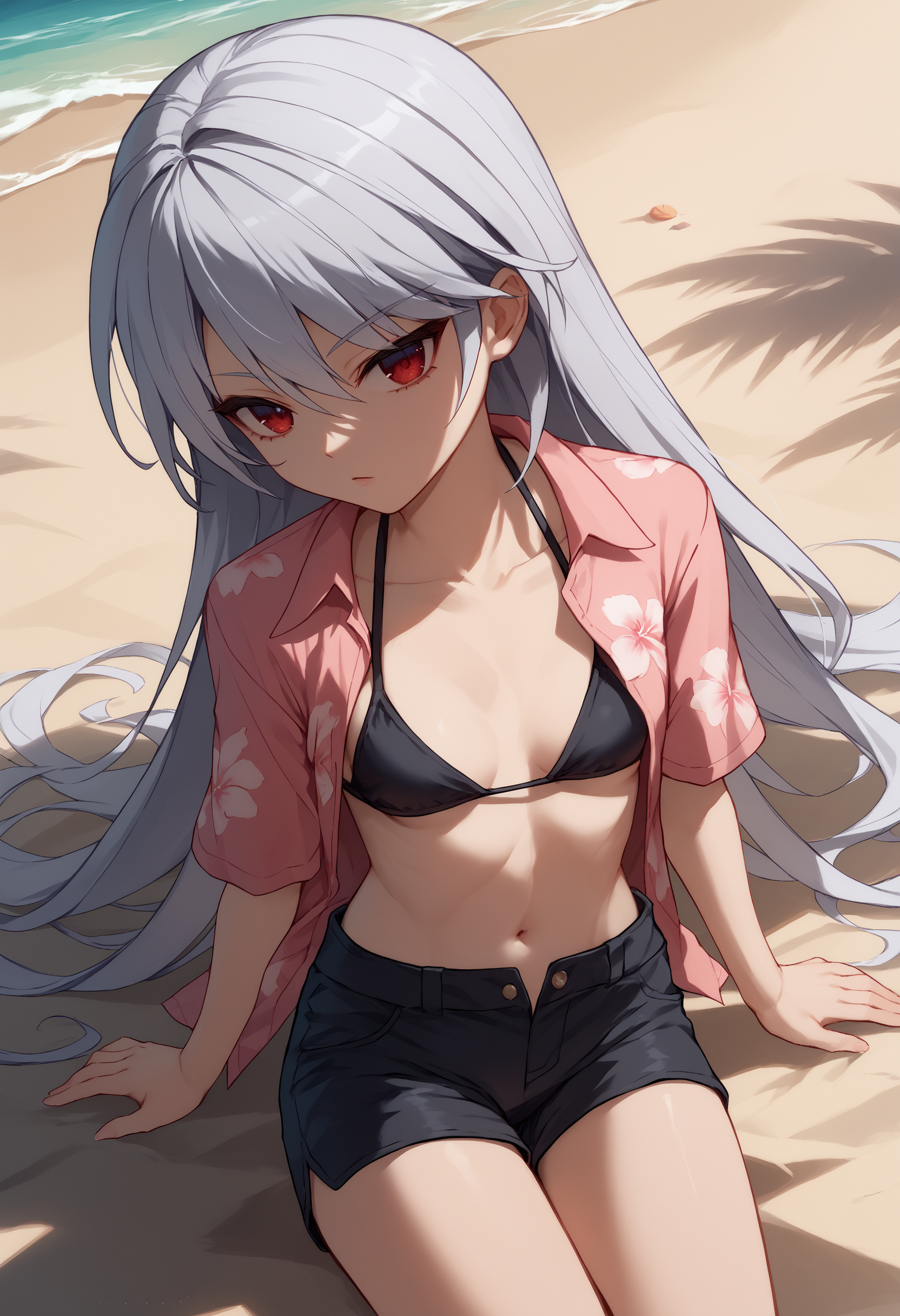 score_9, score_7_up, kzk, silver hair, long hair, red eyes, small breasts, bikini top only, pink aloha shirt, black shorts, beach,  open shirt,     <lora:Kazuki fin 3-000009:1>