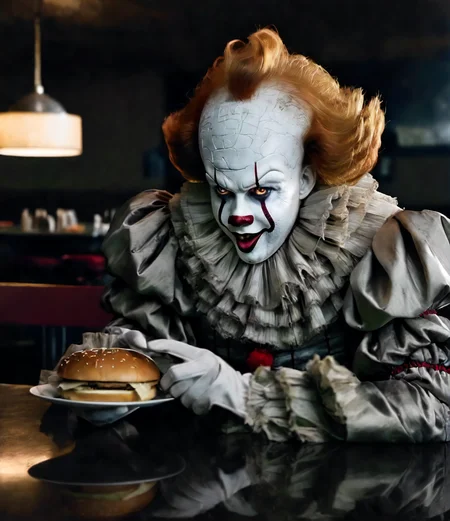 pennywise a creepy clown sleeping in his bed, pillows, dark ambient cinematic <lora:Pennywise:0.7>