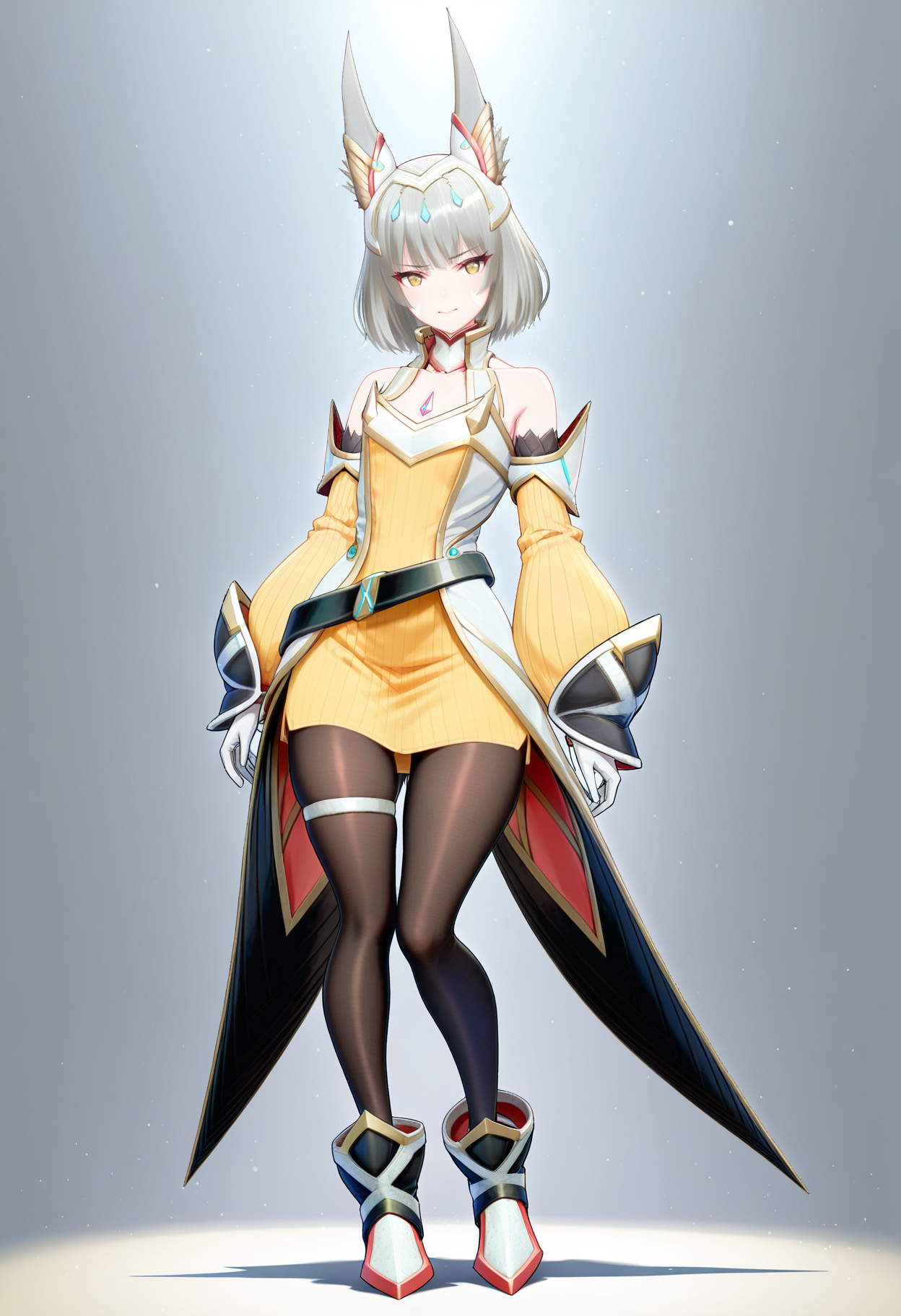 masterpiece, best quality, good quality, 1girl, solo, standing, xenoblade, nia, yellow dress, flared shoes, tights, belt, detached sleeves, tailcoat, white gloves, tiara, thighlet, detached collar<lora:nia illustrious 091:1>
