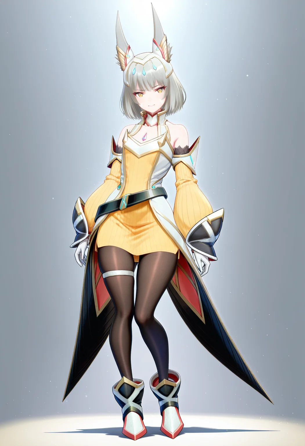 masterpiece, best quality, good quality, 1girl, solo, standing, xenoblade, nia, yellow dress, flared shoes, tights, belt, detached sleeves, tailcoat, white gloves, tiara, thighlet, detached collar<lora:nia illustrious 091:1>