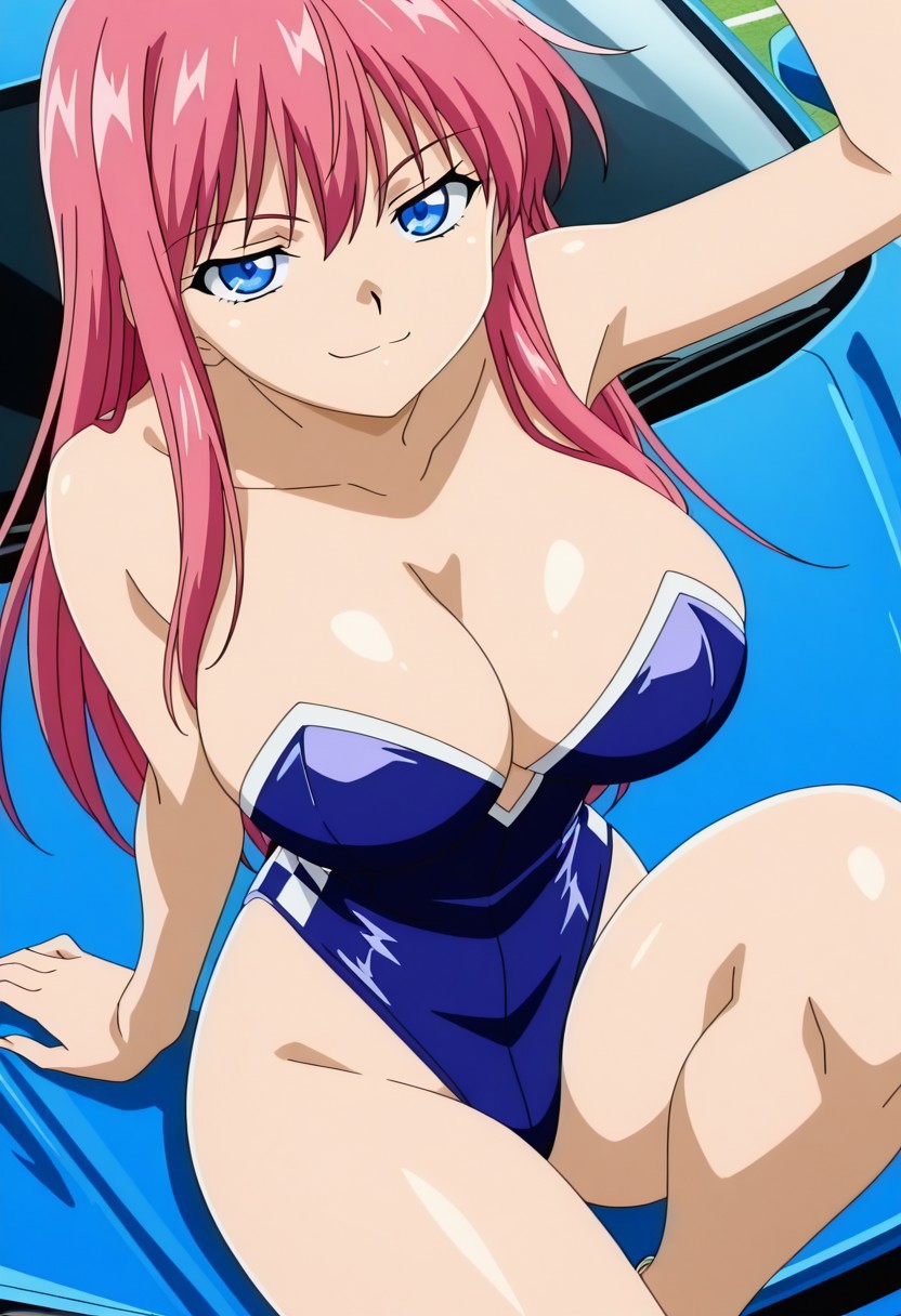 finetuneanime,anime screencap, official art, detailed anime, ultra detailed anime art, anime screencap, screencap, score 9, score 8 up, score 7 up, masterpiece, anime coloring, source anime,
BREAK
MionBase, 1girl, blue eyes, solo, pink hair, long hair, large breasts, curvy, fair skin, shiny skin, smoothy skin, fair skin, fair skin, NEGATIVE_HANDS, 
BREAK
race queen, blue and white leotard, highleg leotard, 
BREAK
cars, sitting on blue car, cleavage, alluring, detailed eyes, eye contact, looking at viewer, smug, high angle, sexy pose, leg up, day, detailed background,