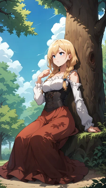 score_9,score_8_up,score_7_up,score_6_up, source_anime, zPDXL, <lora:xl_more_art-full_v1:0.5>, <lora:Wakfu_CartoonV02:0.5>, girl, blonde hair, twin braids, blue eyes, white frilled blouse, black corset, long dress, red dress, white sleeves, <lora:Roxy Hart - Pony-000004:0.7>, lying against tree, outdoors, park, sunbeam, tree shade, trees, sunbeam through leaves, low angle, branch, tense foliage, sitting on ground, looking up in the sky,