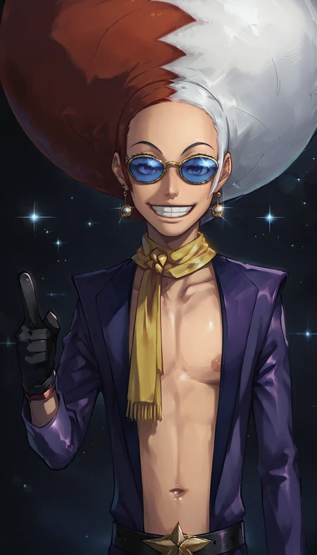 score_7_up, score_6_up, source_anime
BREAK
mirorb, 1boy, solo, afro, (upper body:1.3), portrait, close-up, two-tone hair, scarf, sunglasses, purple suit, open clothes, single glove, earrings, grin, smile, teeth, one arm up, pointing, dark theme, low light, night, detailed background  <lora:mirorb:1> <lora:Anime Summer Night Style SDXL_LoRA_Pony Diffusion V6 XL:1>
