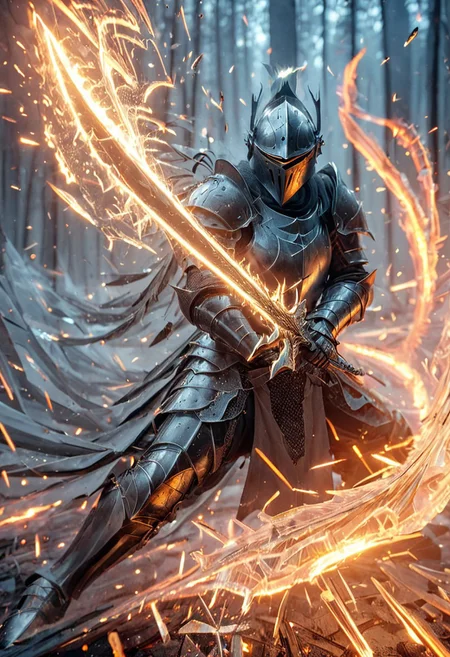 1man, armored knight, Incoming sword, broken glass, reflection, glowing fire slash, shatter, holding sword, glowing sword, motion blur, emphasis line, outdoor in the darkness, looking viewer,