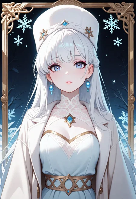 masterpiece, best quality, amazing quality, very aesthetic, flat colors, (artist:rain_rkgk:1), (artist:Tsuaii:1),
A captivating extreme closeup, head-and-shoulders portrait of a lithe ethereal woman with silvery-white hair flowing like silk around her shoulders staring at the viewer. Her pale skin glows softly against a delicate white fur coat and white fur hat. Her ice-blue eyes, framed by soft pink makeup, pearl earrings and dark eyeliner, are mesmerizing, radiating a sense of otherworldly wisdom and mystery. The background is a soft, pale blue gradient and snowflakes, evoking a wintry atmosphere filled with purity and tranquility. The lighting is gentle and even, highlighting her flawless complexion and the delicate textures of her attire. Her expression is calm and enigmatic, as though she is lost in thought or gazing into the infinite. The scene conveys an ethereal beauty, blending softness, serenity, and a hint of mysticism.