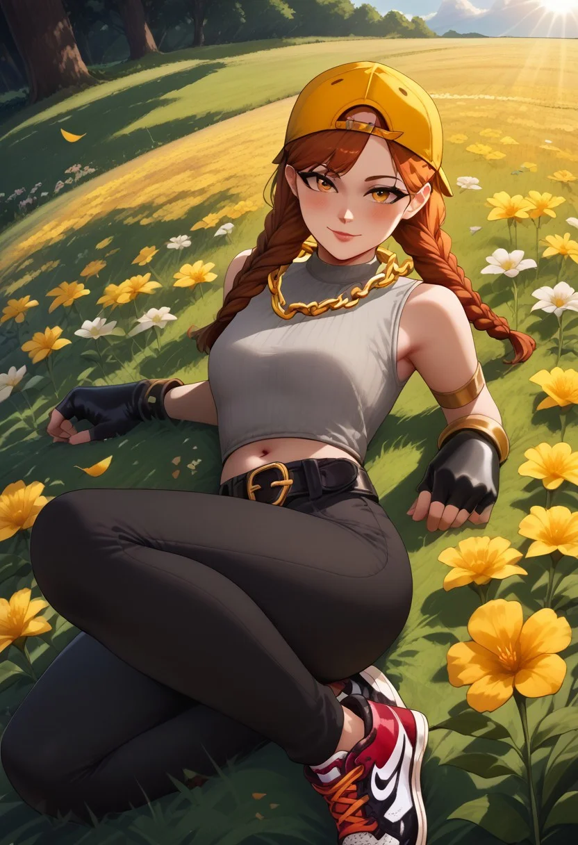 source_anime, score_9,score_8_up, score_7_up,score_6_up, anime style, uncensored, BREAK,AuraFN, girl, long orange braids, gray top, black pants, belt, gold chain, bracers, yellow cap, fingerless gloves, navel, sneakers cute blush, seductive look, flirting, the girl turns back, view from the back, flower field, sunlight, perfect face, detailed face, volumetric lighting, cinematic lighting, lying in the field, flowers, flying leaves