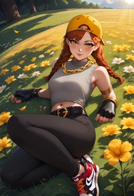 source_anime, score_9,score_8_up, score_7_up,score_6_up, anime style, uncensored, BREAK,AuraFN, girl, long orange braids, gray top, black pants, belt, gold chain, bracers, yellow cap, fingerless gloves, navel, sneakers cute blush, seductive look, flirting, the girl turns back, view from the back, flower field, sunlight, perfect face, detailed face, volumetric lighting, cinematic lighting, lying in the field, flowers, flying leaves