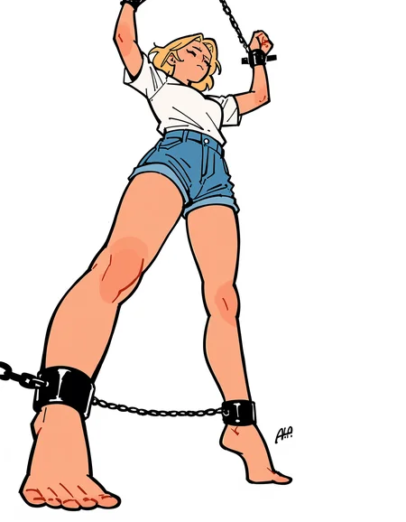score_9, score_8_up, score_7_up, score_6_up, score_5_up, score_4_up, beautiful woman, white background, lineart, source_anime, smooth outline, blonde hair, white shirt, denim shorts, standingspreadeagle, cuffs, chained, tiptoes, from below