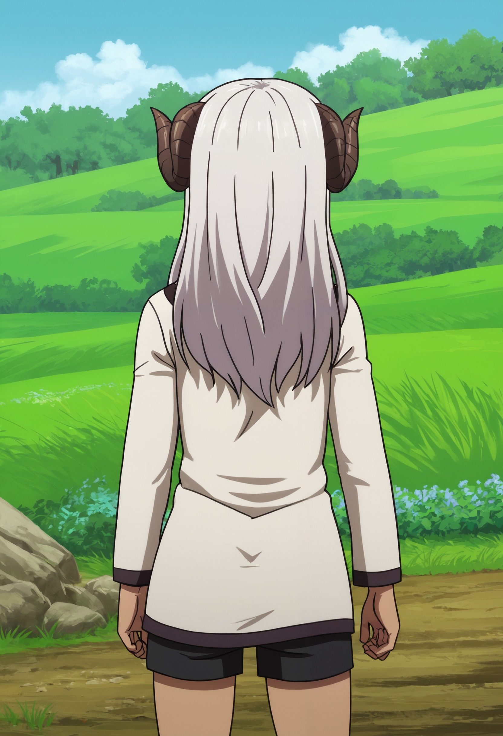 zPDXL, 1girl, from behind, facing away,  BREAK
felm, horns,
white dress, black shorts,
standing, cowboy shot, 
outdoors, blue sky,
<lora:felm-pony-kohya4-000004:0.6>
