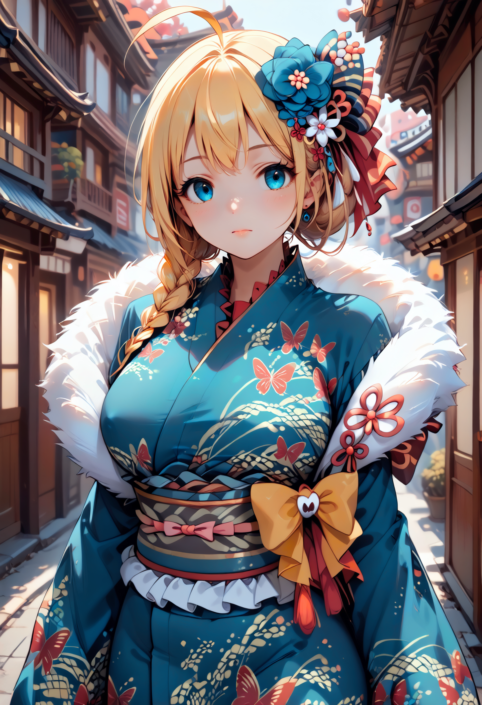 Score_9, score_8_up, score_7_up,  zPDXL3, source_anime, anime face,  pretty face, uncensored, neolight, very absurdres, raytracing, glistening shiny, Soft illumination, global illuminations, detailed eyes, detailed,
BREAK <lora:Pecorine_-_Princess_Connect_7_costumes:1> (pecorinebase:1.3), blonde hair, long hair, blue eyes, ahoge, braid, huge breasts, cute, peconewyear, side braid, hair flower, blue flower, hair red ribbon, fur-trimmed kimono, blue kimono, print kimono, butterfly print, sleeves past wrists, sash, obi,
BREAK
1girl, solo, (detailed background:1.3),
(Add layer:1.3), broad vision, magnificent panorama view,overlooking,
(portrait:1.8),,
clear face,(Expressionless:1.2),close mouth,,(looking away:1.4),
(),
(covered nipples:1), (erect nipples under clothing:1),
outdoors, city street background,
<lora:hand 5.5:1> <lora:pubic hair_pony_V1.0:0.5> <lora:vivid_everclear:0.3> <lora:light:0.3> <lora:3Danimation_Disney_1.0:0.6> <lora:Fant5yP0ny:0.3> <lora:[SDXL 1.0] spo_sdxl_10ep_4k-data_lora_webui:1>