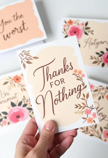 <lora:Greeting_Card_Designer_FLUX:0.7>
The image is a photograph showcasing a beautifully designed thank-you card held by a hand. The card features a warm, inviting design with a light beige background. The main text, "THANKS FOR NOTHING," is written in a bold, elegant script in a deep brown color. Surrounding the text are stylized illustrations of flowers and leaves. The flowers are depicted in shades of pink and peach, with the leaves in varying shades of green and brown. The illustrations give the card a hand-drawn, watercolor-like appearance with a modern, whimsical touch.
In the background, several other thank-you cards are visible. One card, partially visible, has text reading "You're the worst." Another card, slightly obscured, has text that says "I hate you." These cards are also adorned with similar floral and leaf designs, maintaining the consistent aesthetic of the main card.