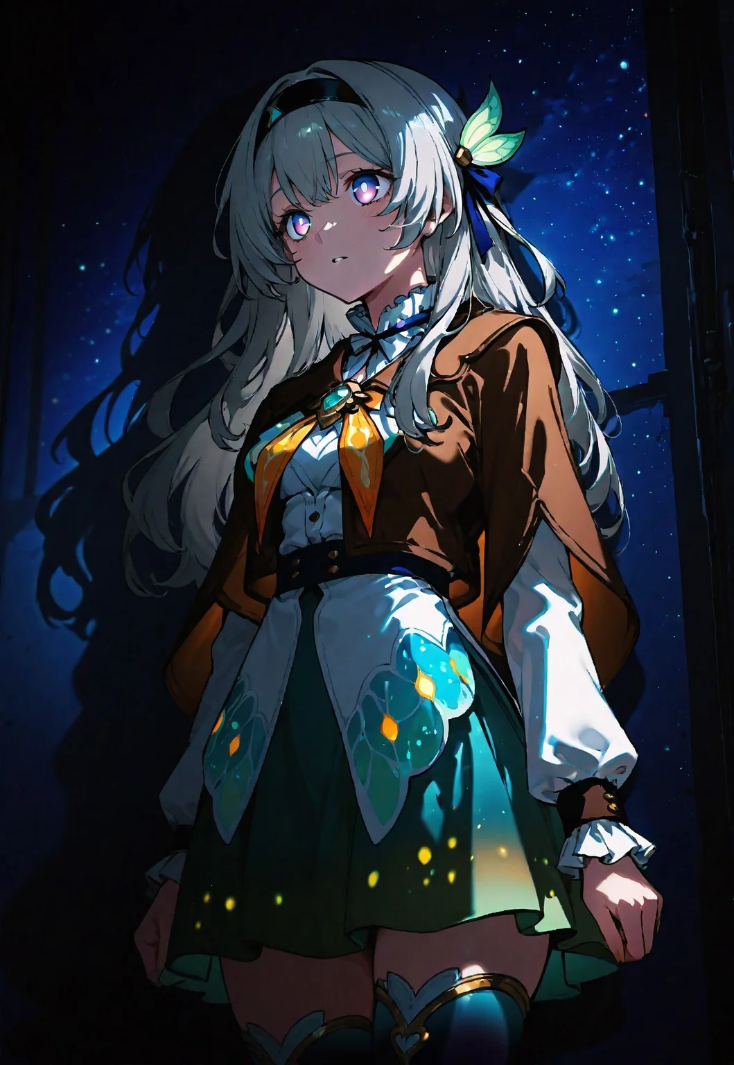 high contrast, masterpiece, best quality, amazing quality, very aesthetic, high resolution, ultra-detailed, 1girl, solo, F1reflyDF, blue pupils, purple eyes, blue eyes, grey hair, multicolored hair, long hair, black hairband, hair ornament, brown capelet, frilled collar, white blouse, long sleeves, two-tone overskirt, green skirt, gradient thighhighs, late night, Smooth_Quality