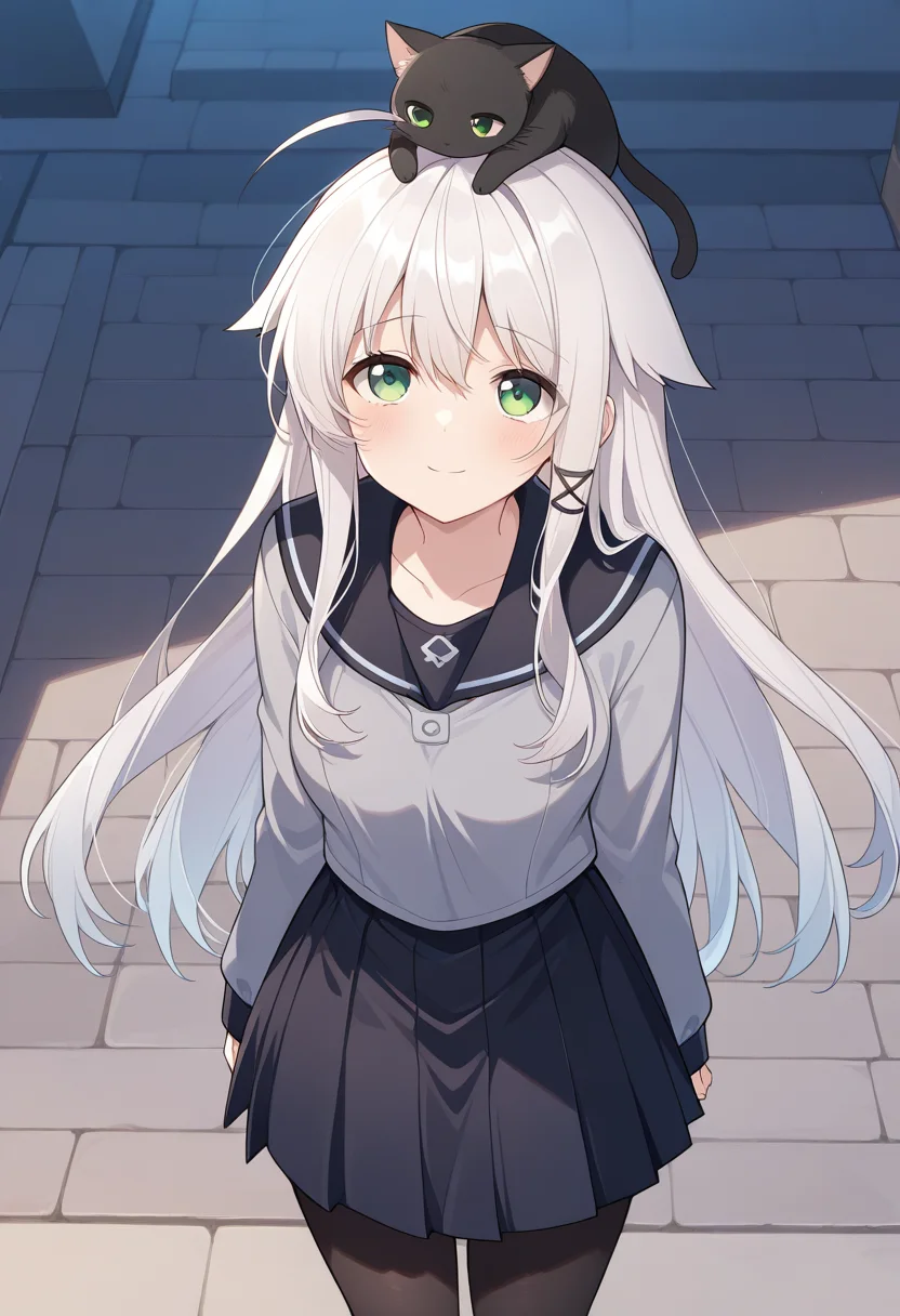 1girl, solo, anceriseshirokami, white hair, long hair, ahoge, hair flaps, sidelocks, hair ornament, green eyes, grey shirt, long sleeves, black sailor collar, black skirt, black pantyhose, school uniform, cat, cat on head, looking up, sad, smile, outdoors, sidewalk, cowboy shot, standing,