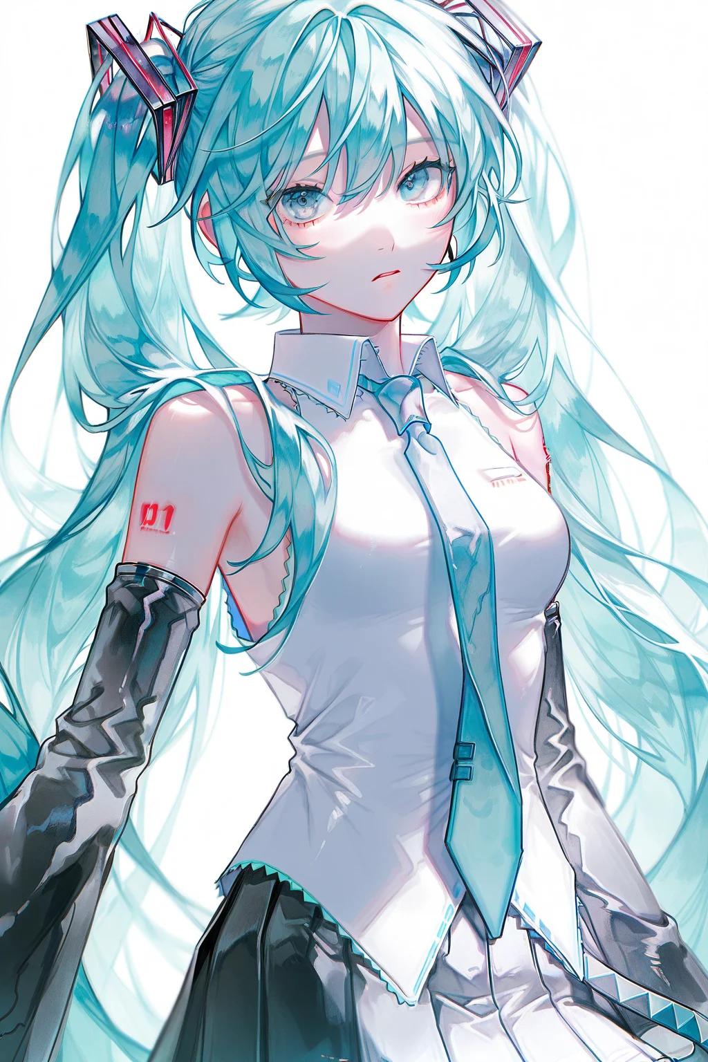 SCPT,1girl, hatsune miku, solo, long hair, necktie, twintails, skirt, shirt, pleated skirt, sleeveless, sleeveless shirt, very long hair, white shirt, detached sleeves, blue hair, white background, blue eyes, breasts, looking at viewer, bare shoulders, hair ornament, collared shirt, tattoo, simple background