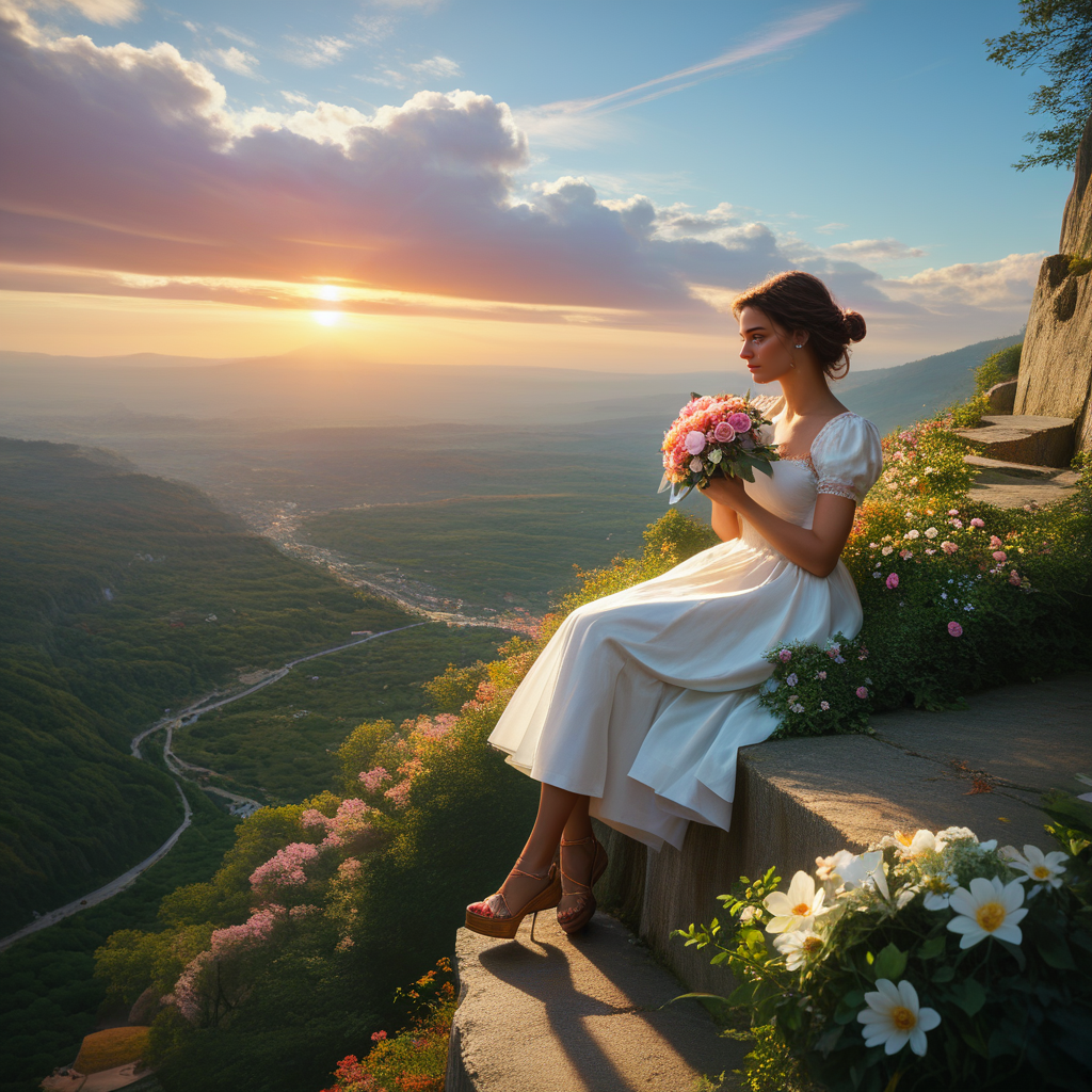 score_9, score_8_up, score_7_up,  source_photo, 8k skin textures,,high_quality_photography, source_photo, highly_detailed, very_aesthetic, beautiful, realistic,pretty woman,sitting on a cliff,above ocean,sunset,crying,holding valentine,bouquet of flowers thrown on the ground, man walking away in background,zPDXL2
