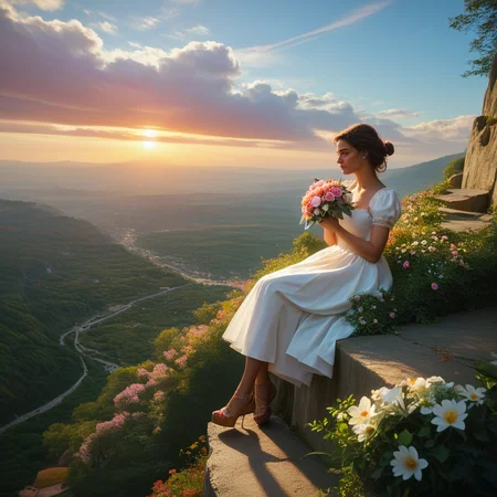 score_9, score_8_up, score_7_up,  source_photo, 8k skin textures,,high_quality_photography, source_photo, highly_detailed, very_aesthetic, beautiful, realistic,pretty woman,sitting on a cliff,above ocean,sunset,crying,holding valentine,bouquet of flowers thrown on the ground, man walking away in background,zPDXL2