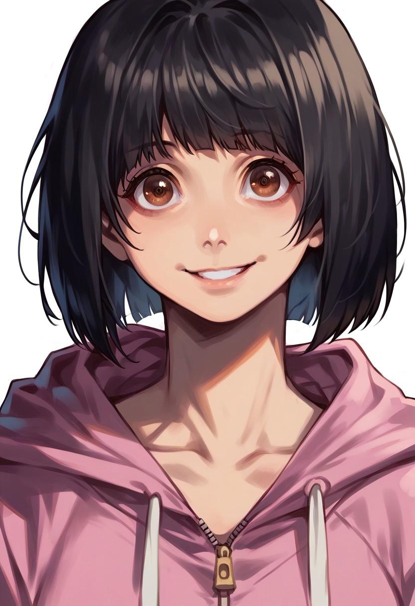score_9, score_8_up, score_7_up, HC, sabr1na2, rating_safe, 1girl, solo, detailed eyes, detailed face, open eyes, brown eyes, medium breasts, black hair, bob haircut, medium hair, thin, short pink hoodie with hood and zipper, smile, close up, close-up, closeup, portrait, standing, looking at viewer, simple background, white background, masterpiece, best quality