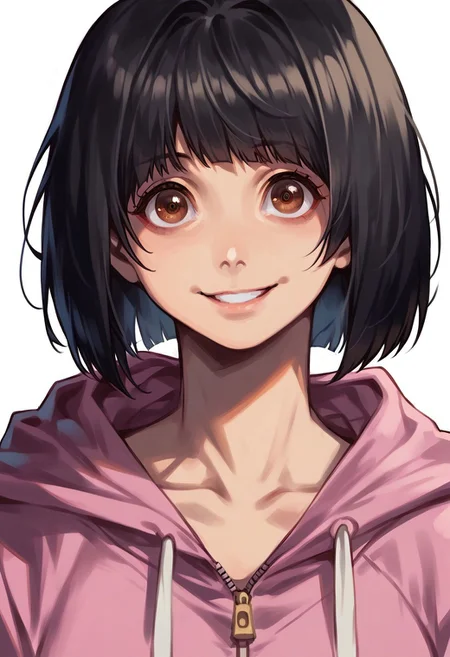 score_9, score_8_up, score_7_up, HC, sabr1na2, rating_safe, 1girl, solo, detailed eyes, detailed face, open eyes, brown eyes, medium breasts, black hair, bob haircut, medium hair, thin, short pink hoodie with hood and zipper, smile, close up, close-up, closeup, portrait, standing, looking at viewer, simple background, white background, masterpiece, best quality