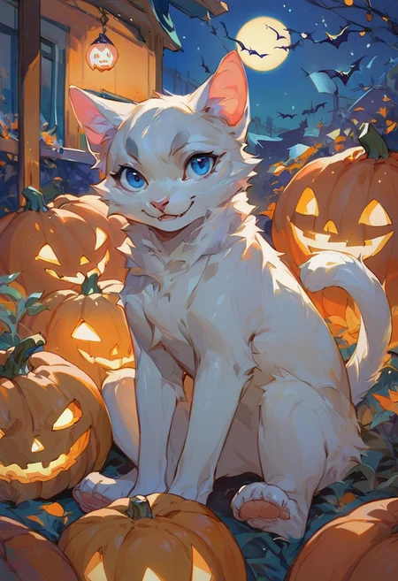 score_9, score_8_up, score_7_up, solo, (White) little cat, (Blue) eyes, small, sitting on hind legs, facing viewer, night, night halloween, pumpkin patch, halloween pumpkins, jack-o'-lanterns, pumpkins, halloween theme,