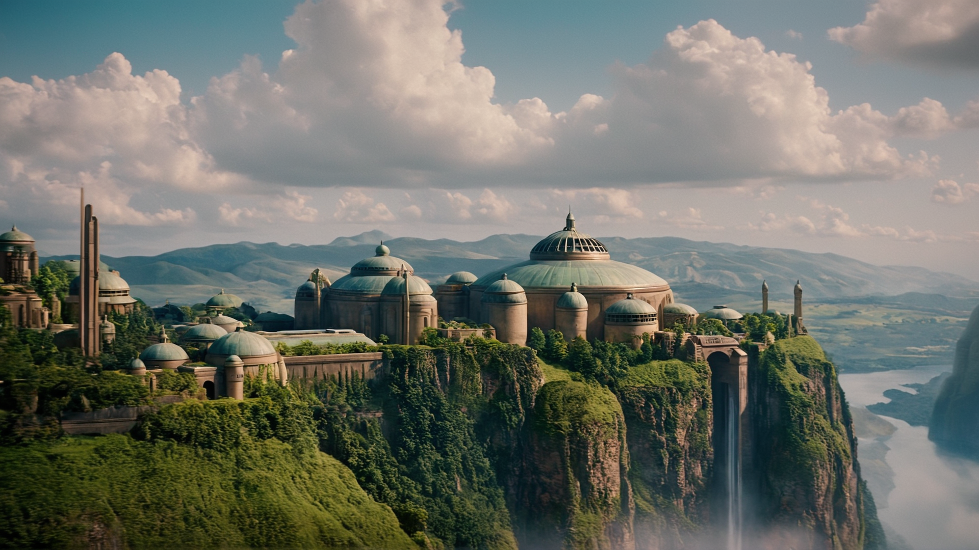 cinematic film still of  <lora:star wars style:0.2>
<lora:detailed:0.4> detailed
<lora:perfection style:0.4> perfect
<lora:PerfectEyesXL:0.5>
 <lora:Chiaroscuro Lighting Style:0.3>
 <lora:Naboo:0.9>
Naboo a large building sitting on top of a lush green hillside,in star wars style,outdoors,sky,day,cloud,water,tree,blue sky,no humans,traditional media,building,nature,scenery,architecture, shallow depth of field, vignette, highly detailed, high budget, bokeh, cinemascope, moody, epic, gorgeous, film grain, grainy