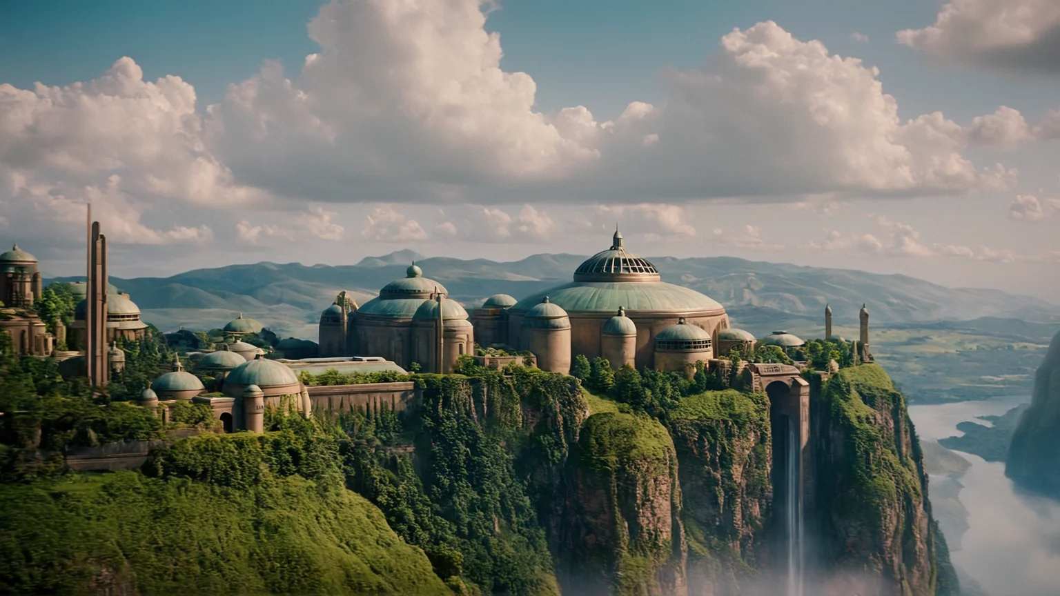 cinematic film still of  <lora:star wars style:0.2>
<lora:detailed:0.4> detailed
<lora:perfection style:0.4> perfect
<lora:PerfectEyesXL:0.5>
 <lora:Chiaroscuro Lighting Style:0.3>
 <lora:Naboo:0.9>
Naboo a large building sitting on top of a lush green hillside,in star wars style,outdoors,sky,day,cloud,water,tree,blue sky,no humans,traditional media,building,nature,scenery,architecture, shallow depth of field, vignette, highly detailed, high budget, bokeh, cinemascope, moody, epic, gorgeous, film grain, grainy